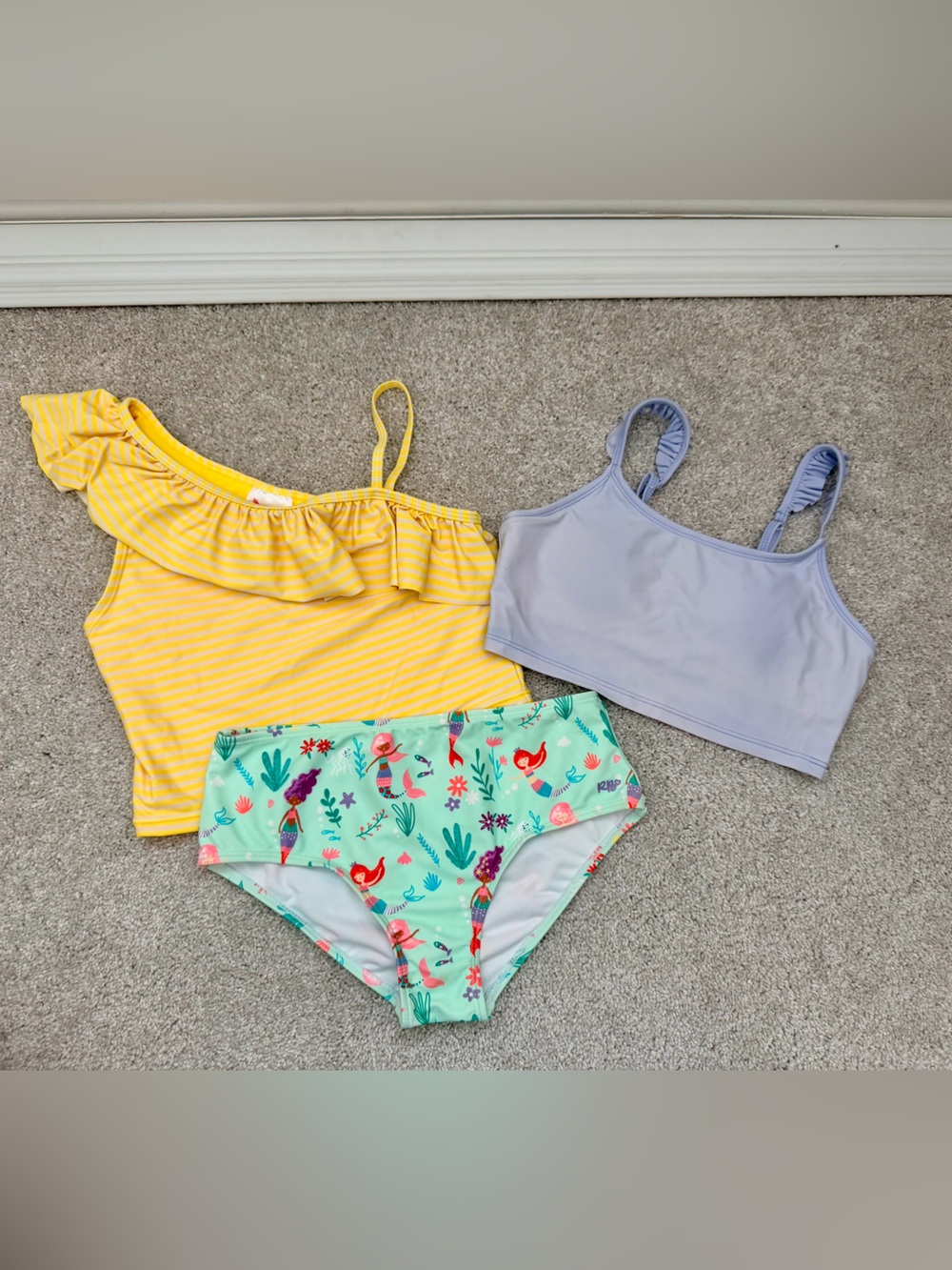 Ruffle Butts Yellow Stripe, Mermaid & Lavender Girls Swim Set, size 12
